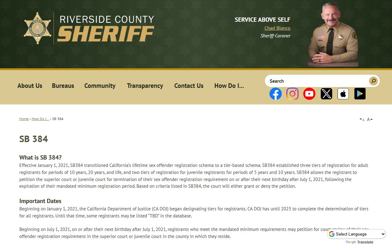 Riverside County Sheriff SB 384 tiered registration information