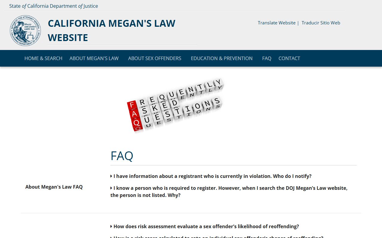California Megan's Law FAQ page