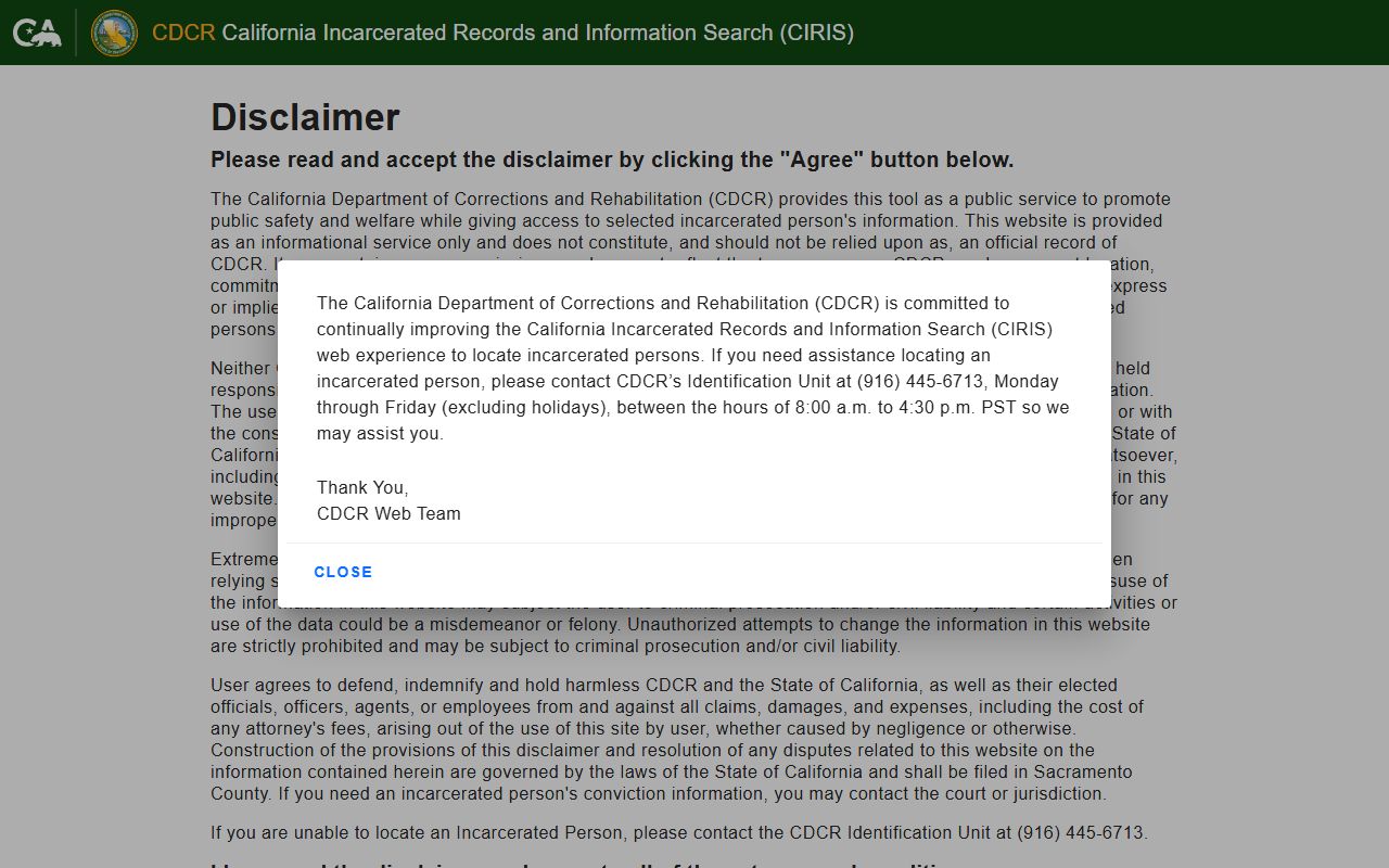 CIRIS database for California inmate lookup