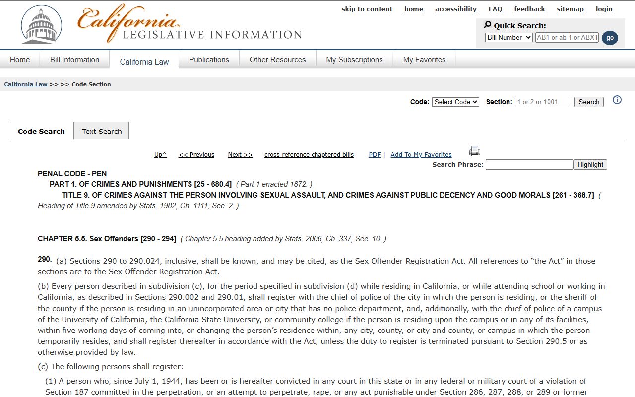 California Penal Code 290 sex offender registration statute