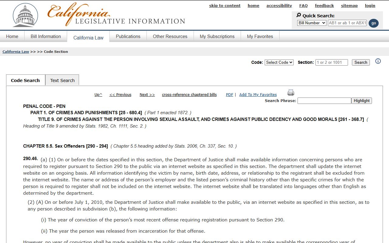 California Penal Code 290.46 Megan's Law statute